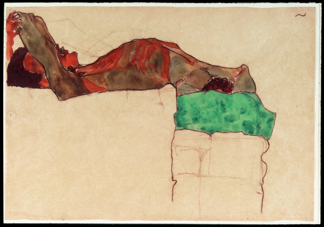 Reclining Male Nude with Green Cloth [Yeşil Kumaşla Uzanmış Erkek Nü] (suluboya ve karakalem) by Egon Schiele