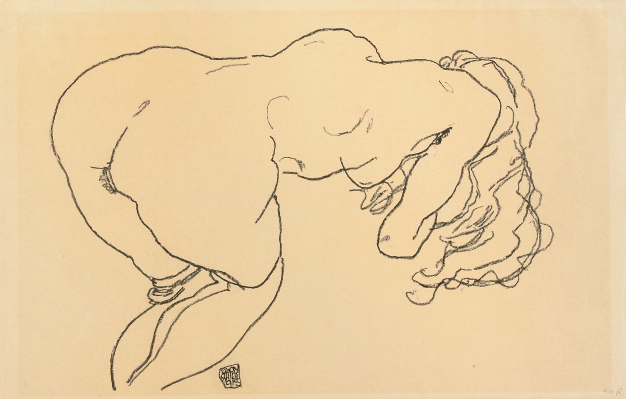 Uzun Saçlı Çıplak, Öne Eğik, Arkadan Görünüm; Langhaariger Akt, vornubergebeugt, Ruckenansicht, 1918 by Egon Schiele