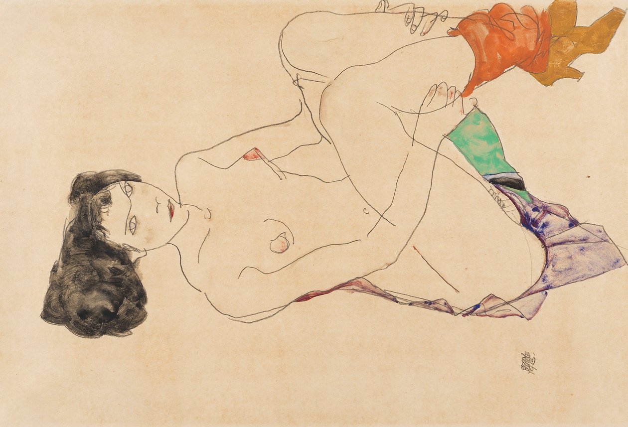 Çıplak Kadın Bacakları Yukarı Çekmiş, 1913. by Egon Schiele