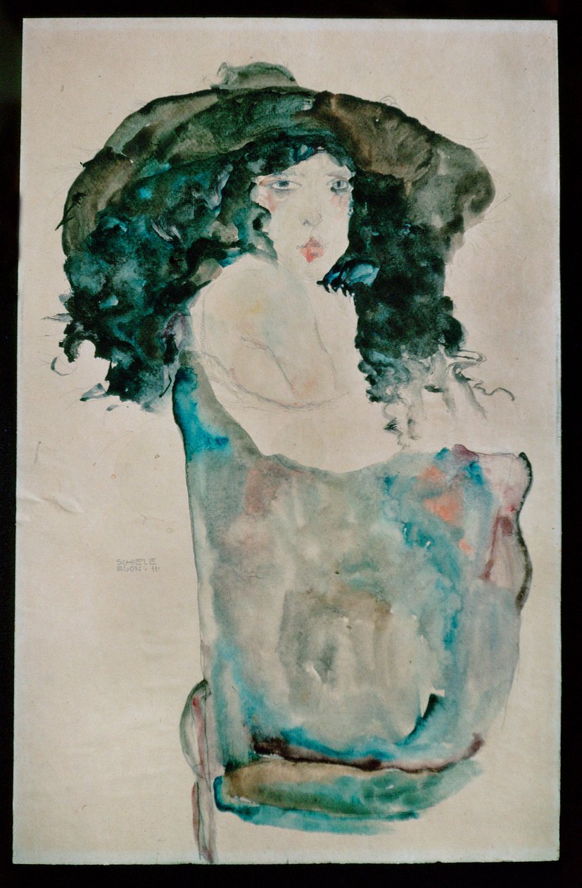 Mavi-siyah saçlı ve şapkalı kız (guaj, suluboya ve kurşun kalem) by Egon Schiele