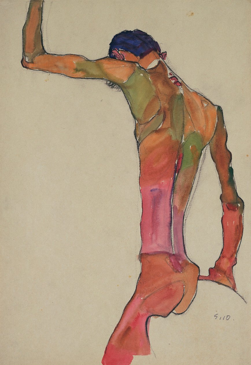 Kolları Kaldırılmış Erkek Çıplak - Oeuvre d'Egon Schiele (1890-1918) - 1910 - Kağıt üzerine suluboya ve kömür - 45x31 - Modern Sanat Müzesi, New York by Egon Schiele