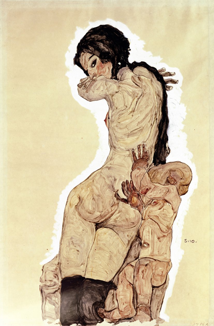Anne ve Çocuk. (Anne ve Çocuk). Egon Schiele (1890-1918), kağıt üzerine suluboya ve guaj çalışması by Egon Schiele