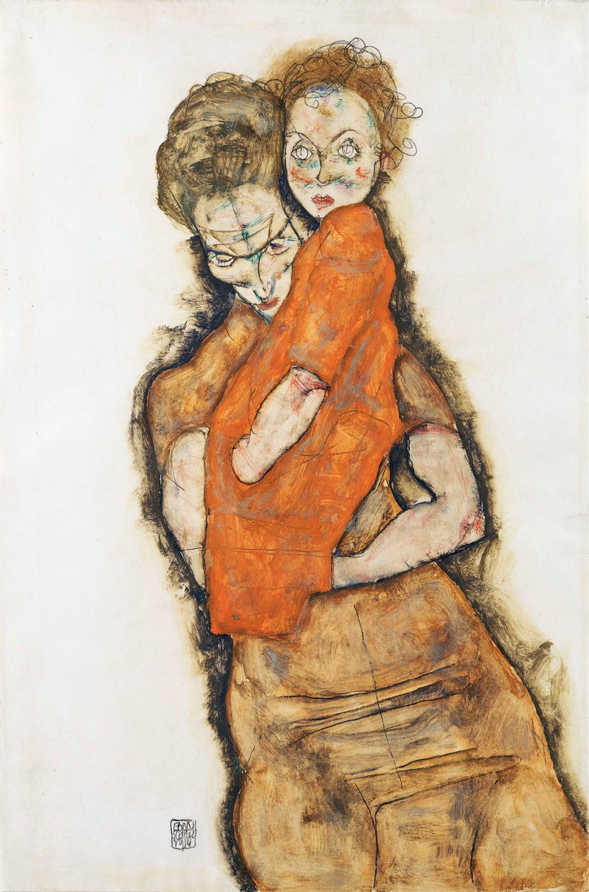 Anne ve Çocuk - Schiele, Egon (1890-1918) - 1914 - Siyah tebeşir, Kağıt üzerine guaj - 48,2x31,9 - Leopold Müzesi, Viyana by Egon Schiele
