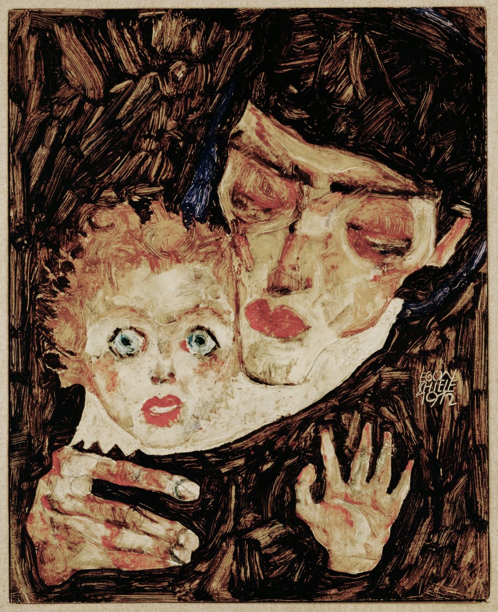 Mutter und Kind II (ahşap üzerine yağlıboya) by Egon Schiele