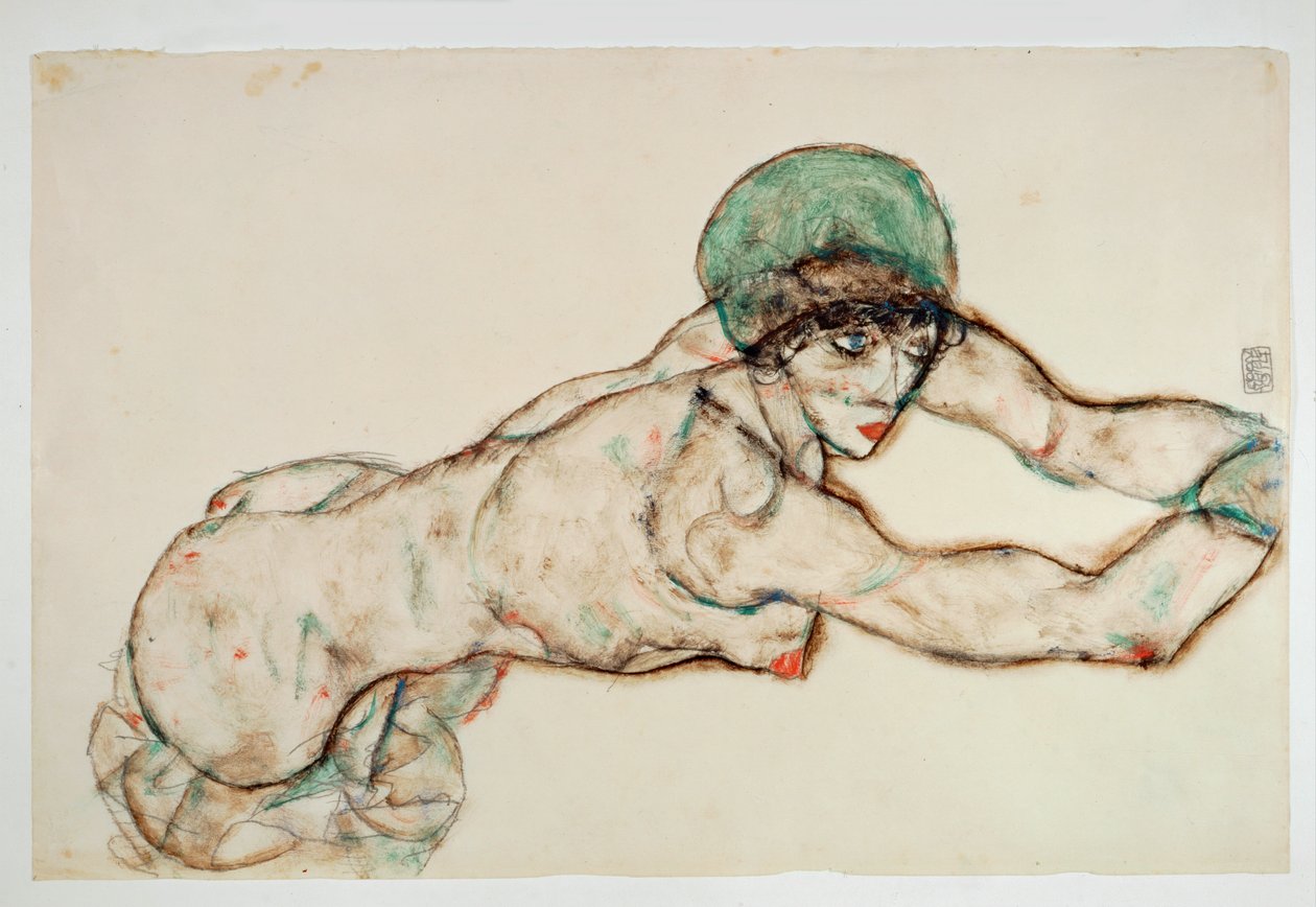 Yeşil bonesi ile sağa uzanmış çıplak kadın (suluboya ve kurşun kalem) by Egon Schiele