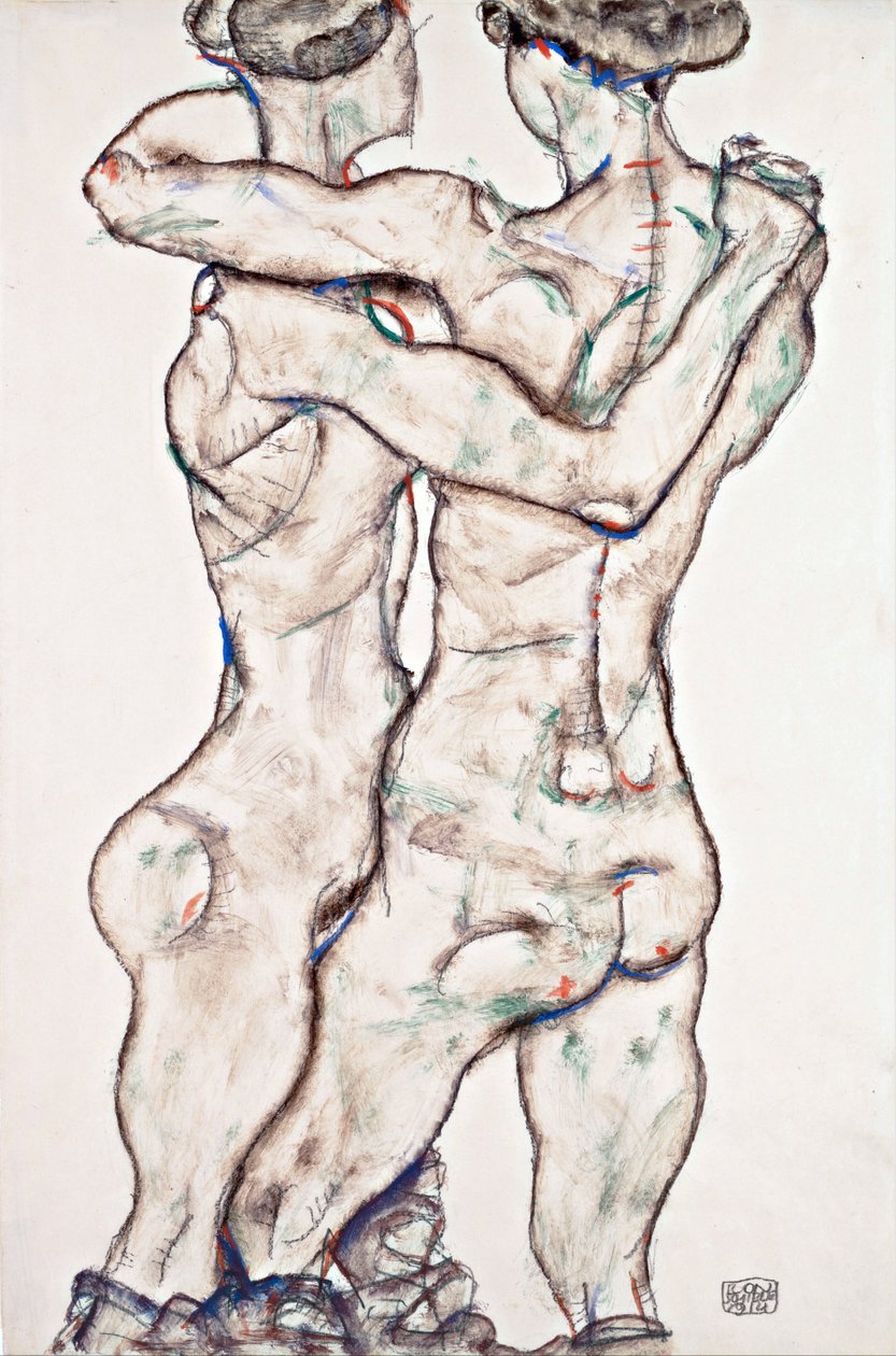 Çıplak Kızlar Kucaklayan - Schiele, Egon (1890-1918) - 1914 - Siyah Tebeşir, Kağıt Üzerine Guaj - 48x31,2 - Leopold Müzesi, Viyana by Egon Schiele