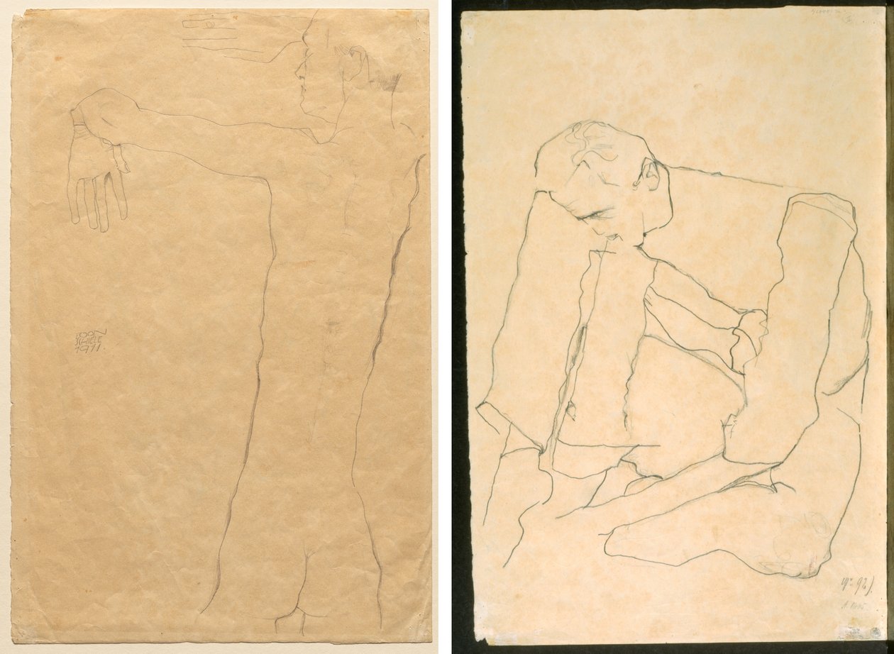 Kollarını Kaldırmış Çıplak Adam (rekto) Oturan Adam (verso) by Egon Schiele