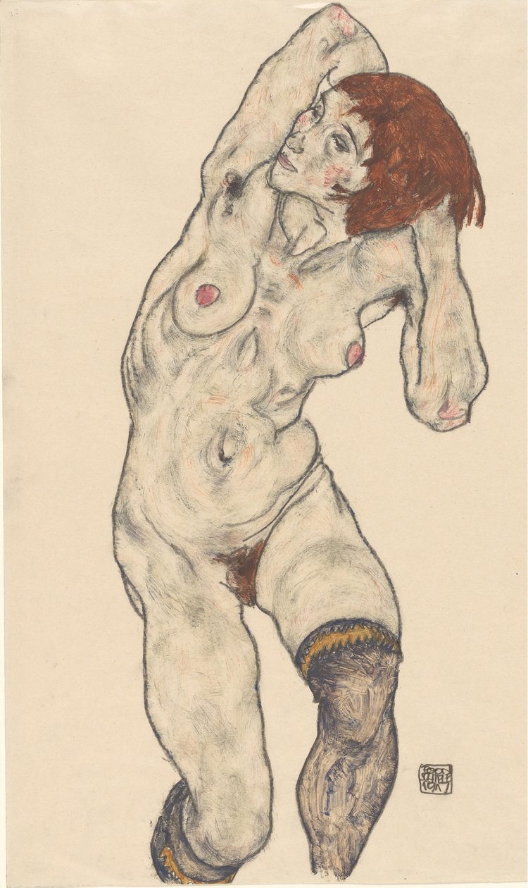 Siyah Çoraplı Çıplak, 1917. by Egon Schiele