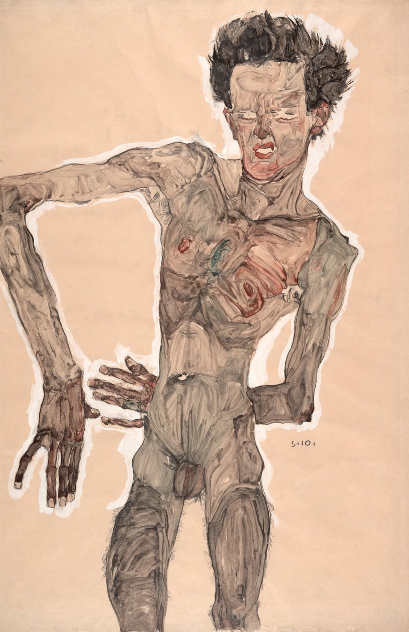 Çıplak kendi portre, yüzünü buruşturma by Egon Schiele