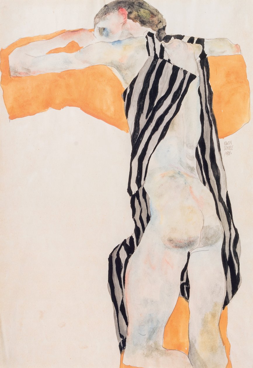 Çizgili Önlüklü Uzanmış Çıplak Kız, 1911. by Egon Schiele