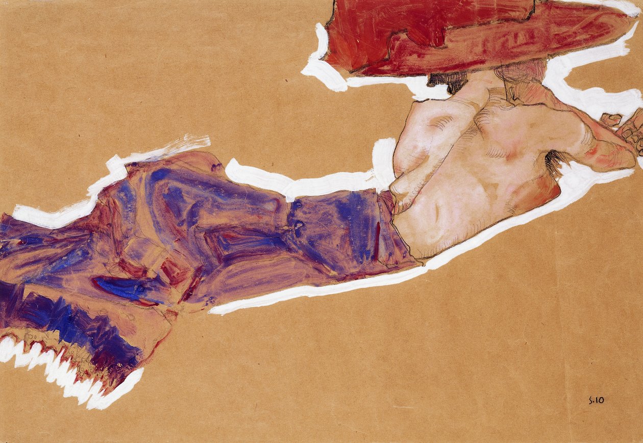 Kırmızı Şapkalı Uzanmış Yarı Çıplak, 1910 by Egon Schiele