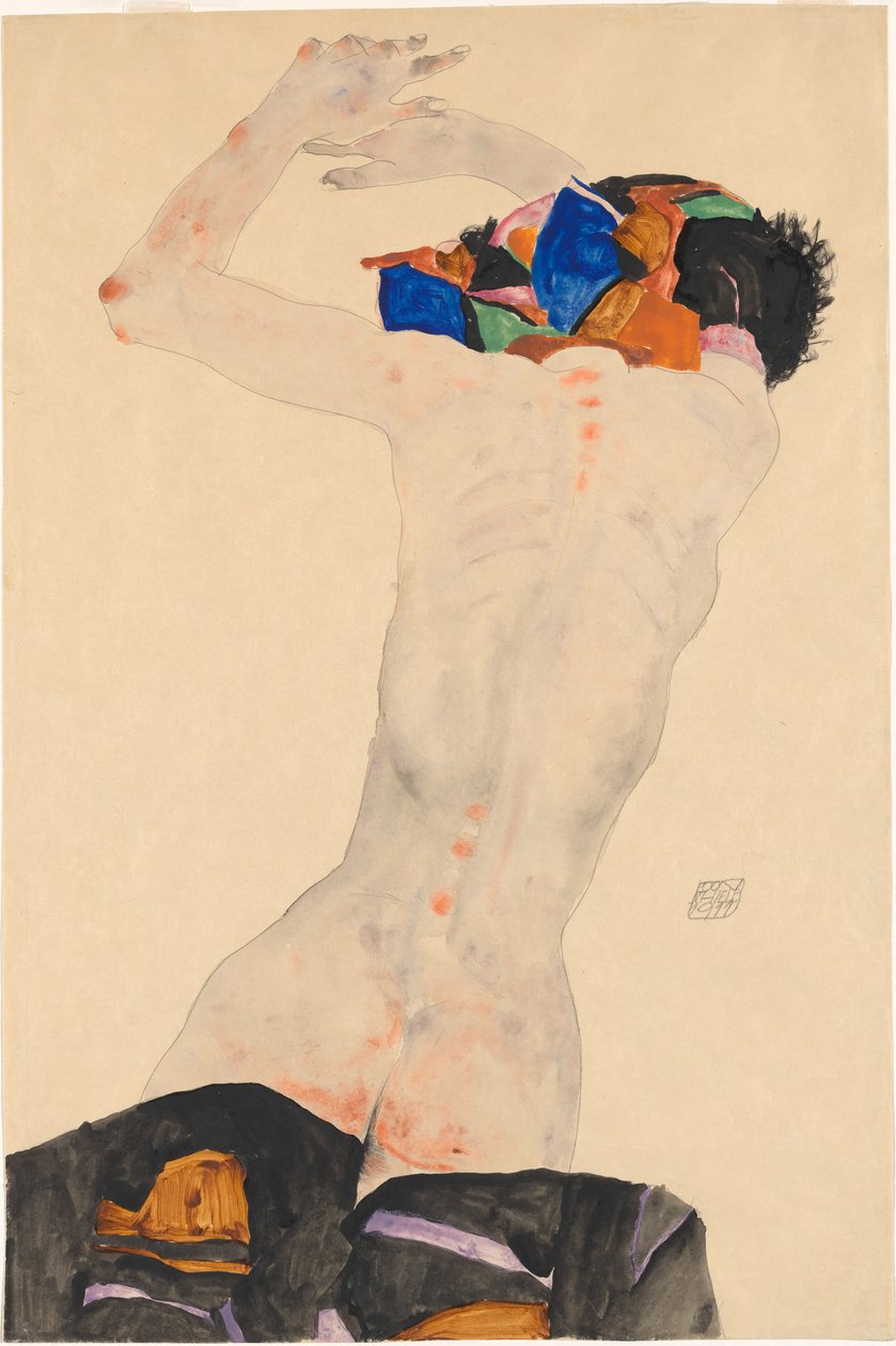 Rückenakt mit buntem Tuch Nude arkadan renkli bir bezle, 1911. by Egon Schiele