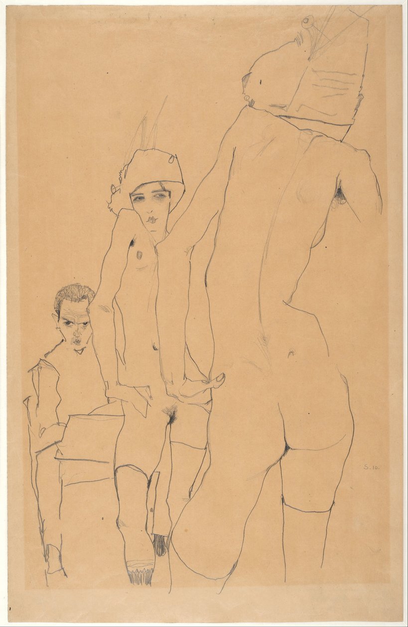 Aynanın Önünde Çıplak Modelle Schiele by Egon Schiele