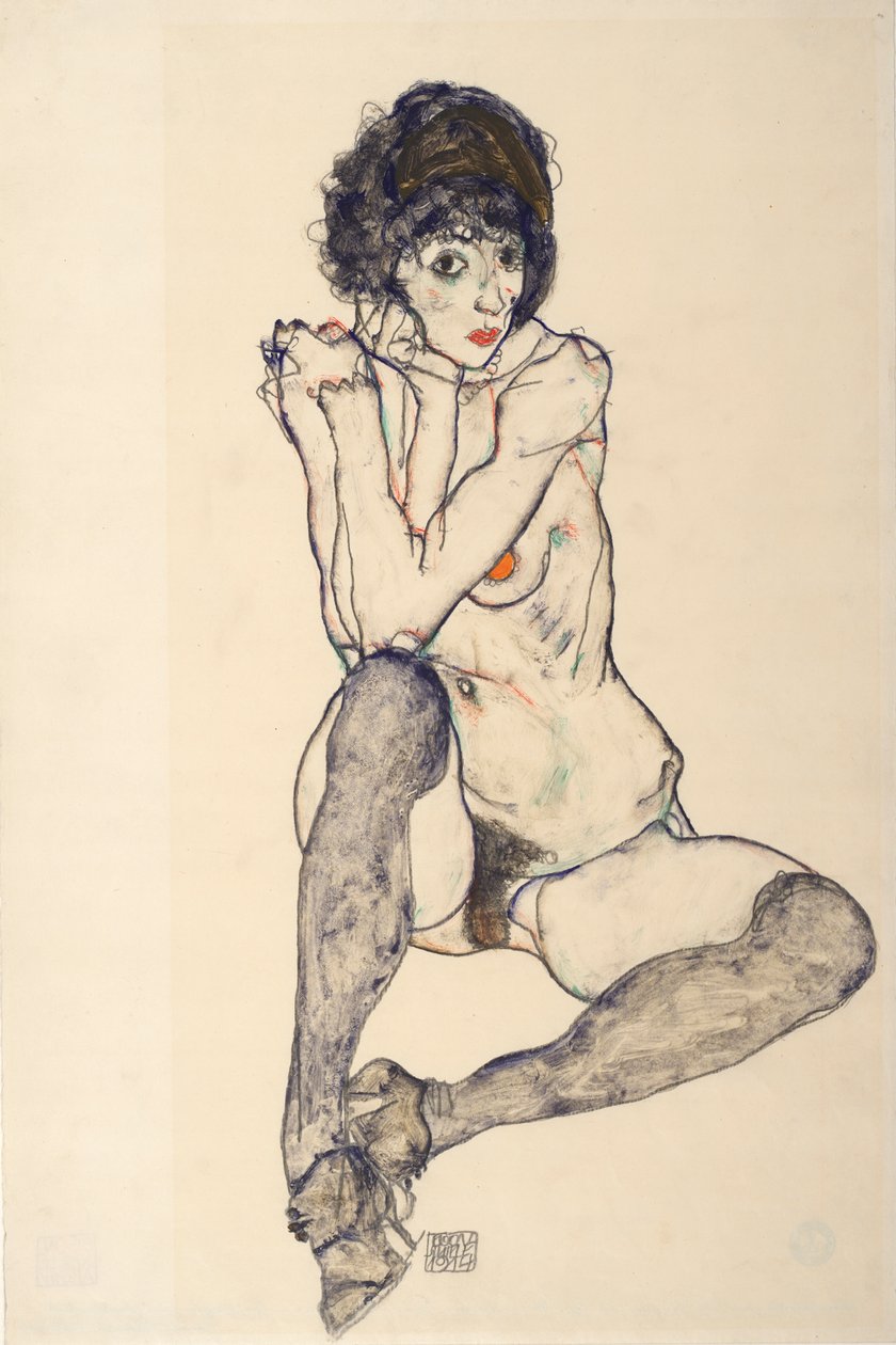Oturan Çıplak Kadın, Sağ Dizine Dayalı Dirsekler, 1914. by Egon Schiele