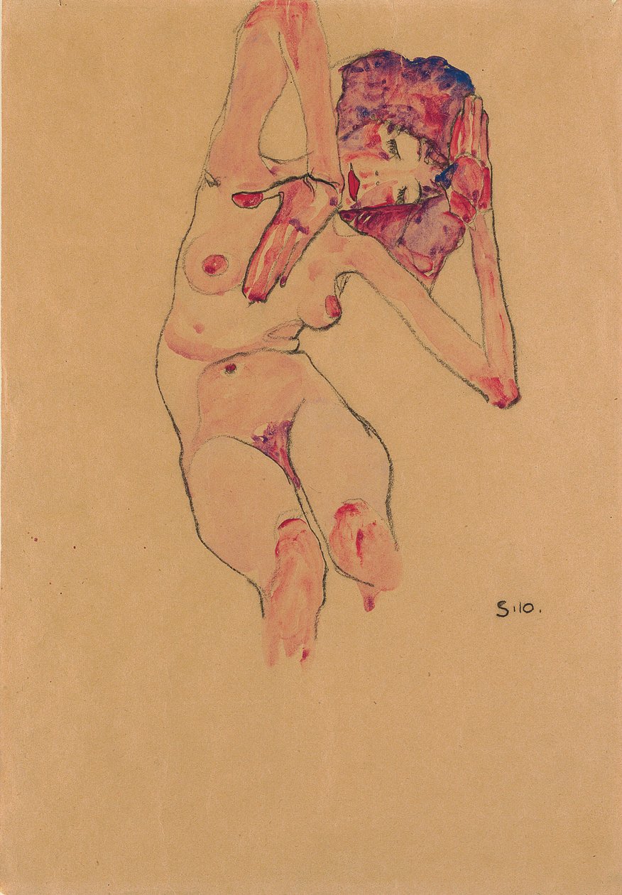 Eğilmiş Başlı ve Kolları Yükseltilmiş Oturan Çıplak Kadın; Oturan çıplak kadın, başı eğik ve kolları kaldırılmış, 1910 by Egon Schiele