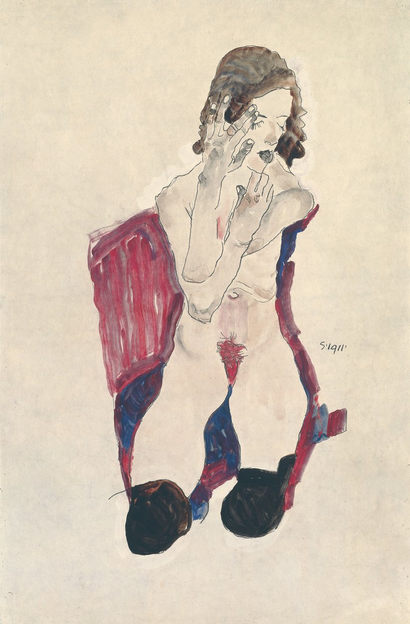 Siyah Çoraplı, Elleri Katlanmış Oturan Kız; Siyah çoraplı ve elleri havada oturan kız, 1911 by Egon Schiele