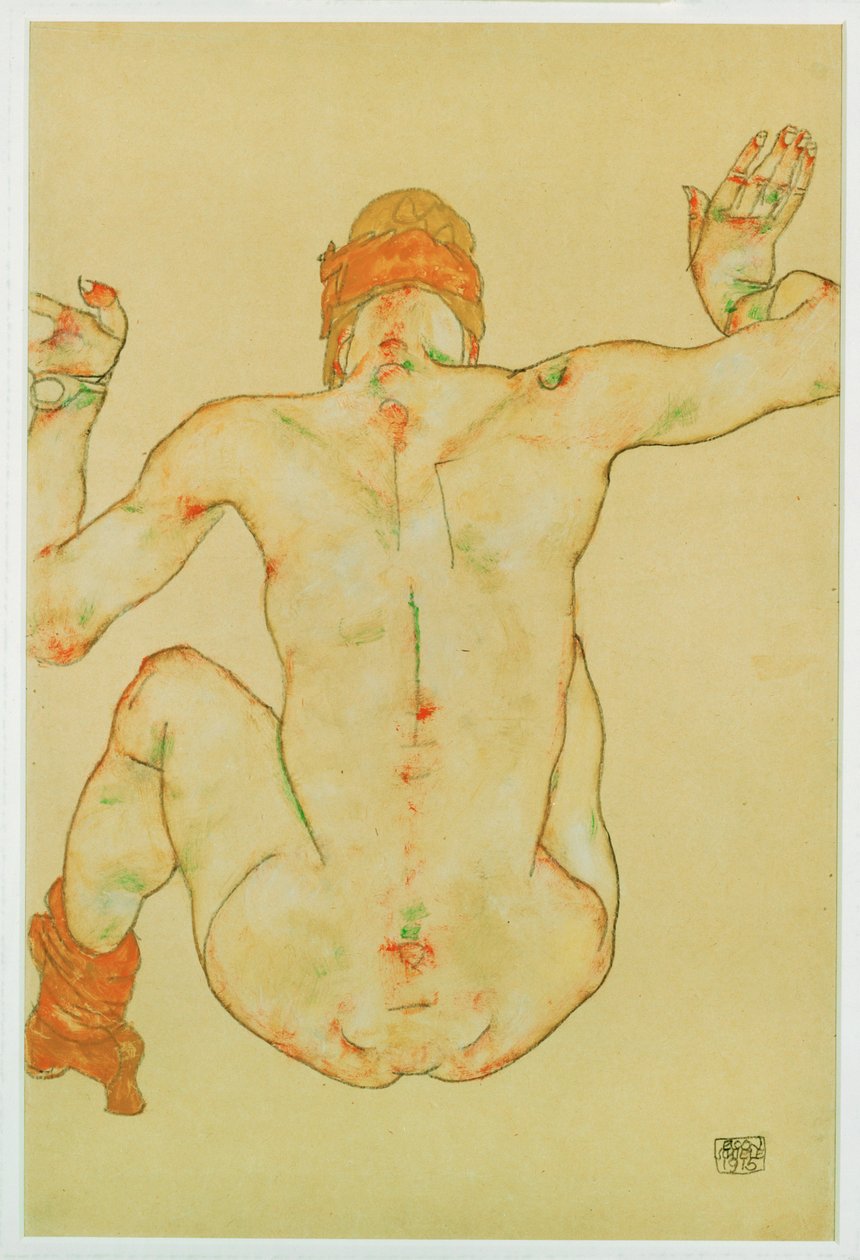 Oturan çıplak kadın, arkadan görünüm (guaj, suluboya ve kurşun kalem) by Egon Schiele