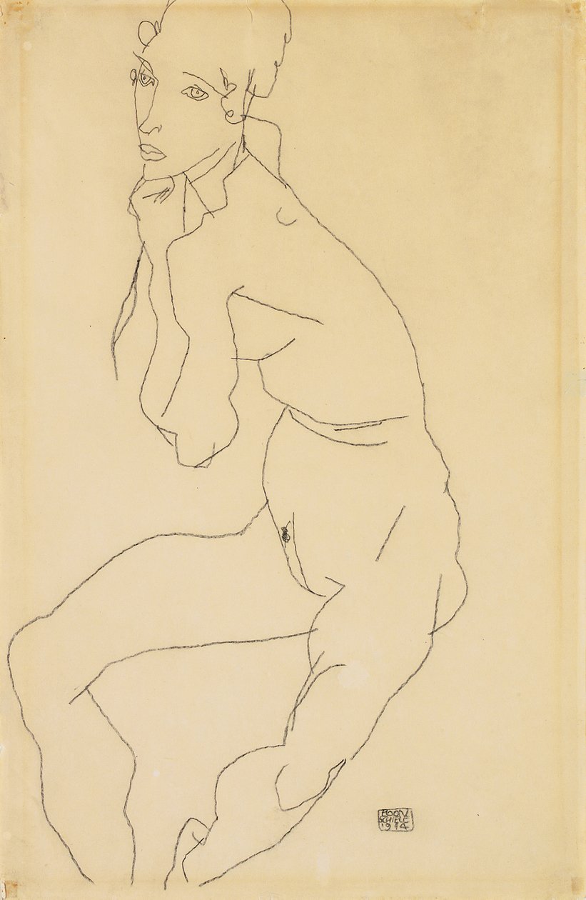 Elleri çenede çıplak oturan kadın, 1914 by Egon Schiele