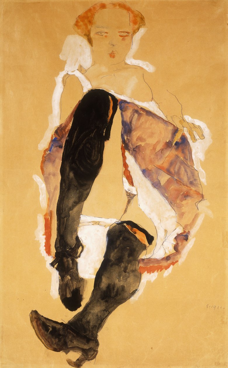 Siyah çoraplı oturan kadın; Siyah çoraplı oturan kız, 1911 by Egon Schiele