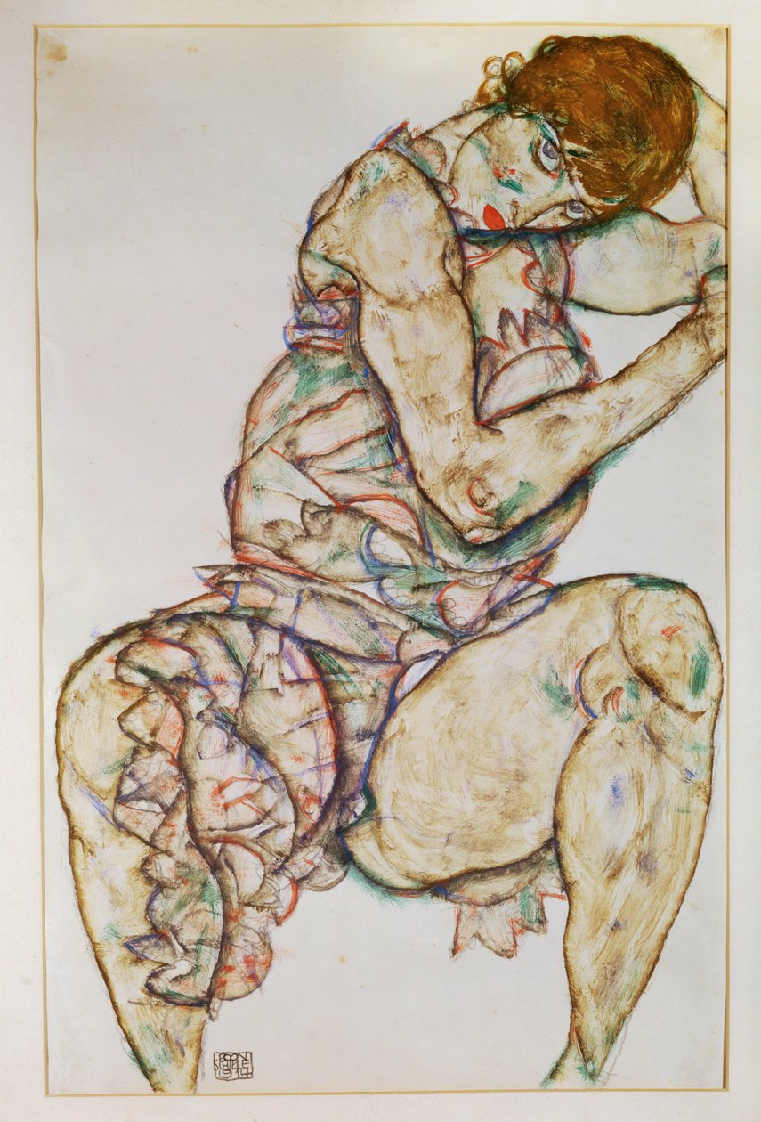 Oturmuş kadın, sol eli saçında (guaj ve kurşun kalem) by Egon Schiele