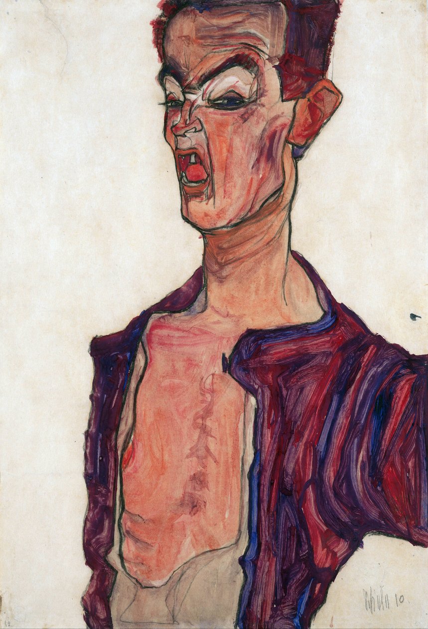 Otoportre, Yüz Yüzünü Yüzerken - Schiele, Egon (1890-1918) - 1910 - Kağıt üzerine guaj - 45,3x30,7 - Leopold Müzesi, Viyana by Egon Schiele