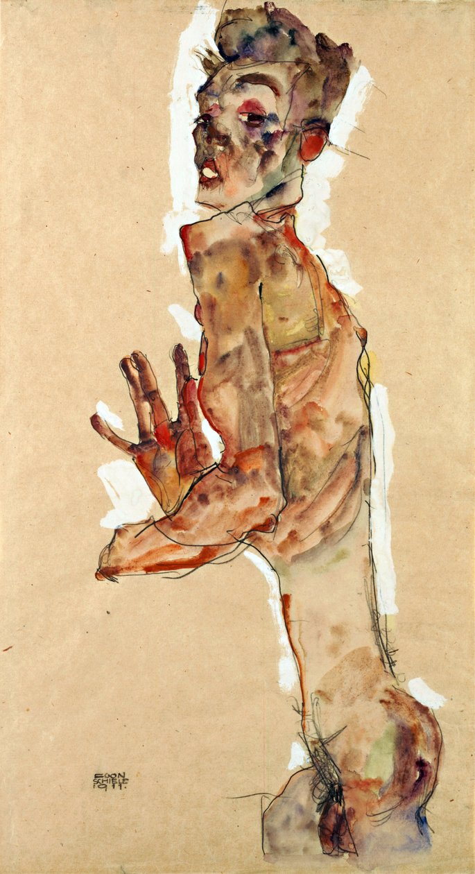 Geniş Parmaklı Otoportre - Schiele, Egon (1890-1918) - 1911 - Siyah tebeşir, Kağıt üzerine guaj - 52,5x28 - Leopold Müzesi, Viyana by Egon Schiele