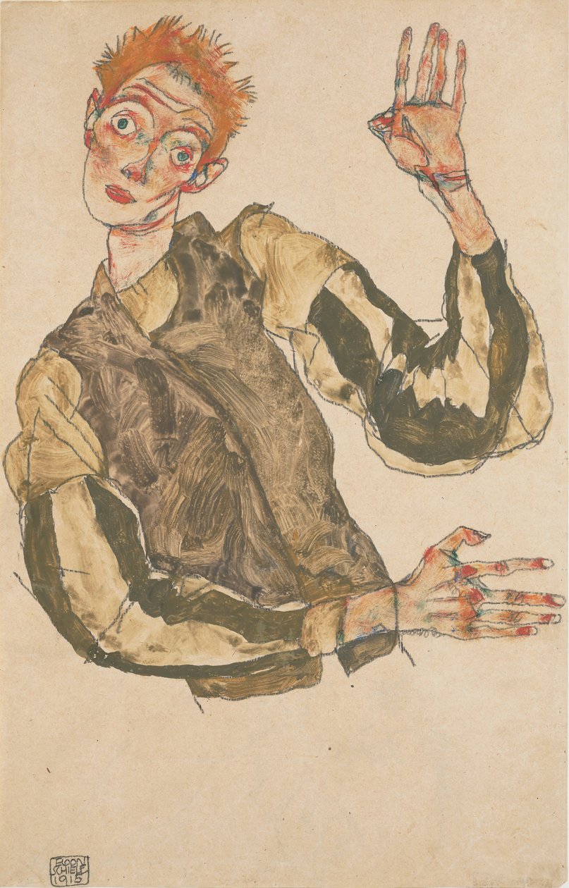 Çizgili Kolçaklı Otoportre, 1915 by Egon Schiele