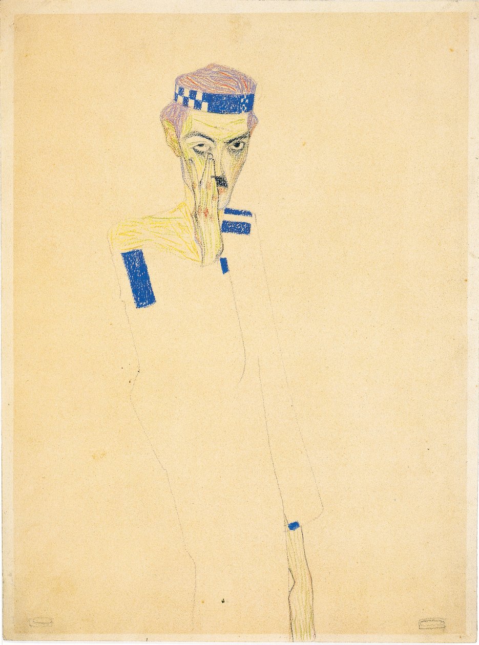 Mavi kareli kafa bantlı Otoportre, 1909. by Egon Schiele