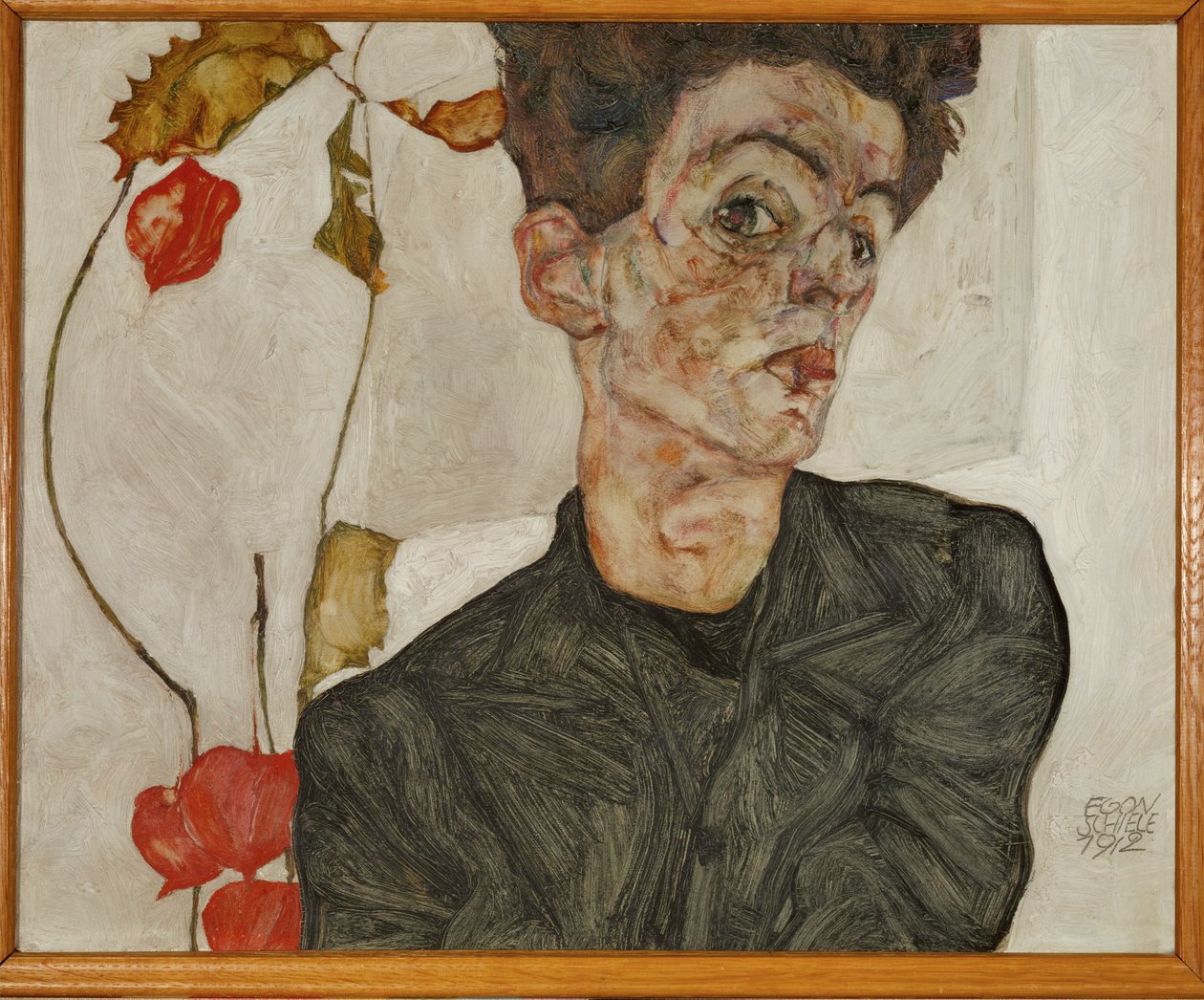 Çin feneri ve meyve ile otoportre (ahşap üzerine resim) by Egon Schiele