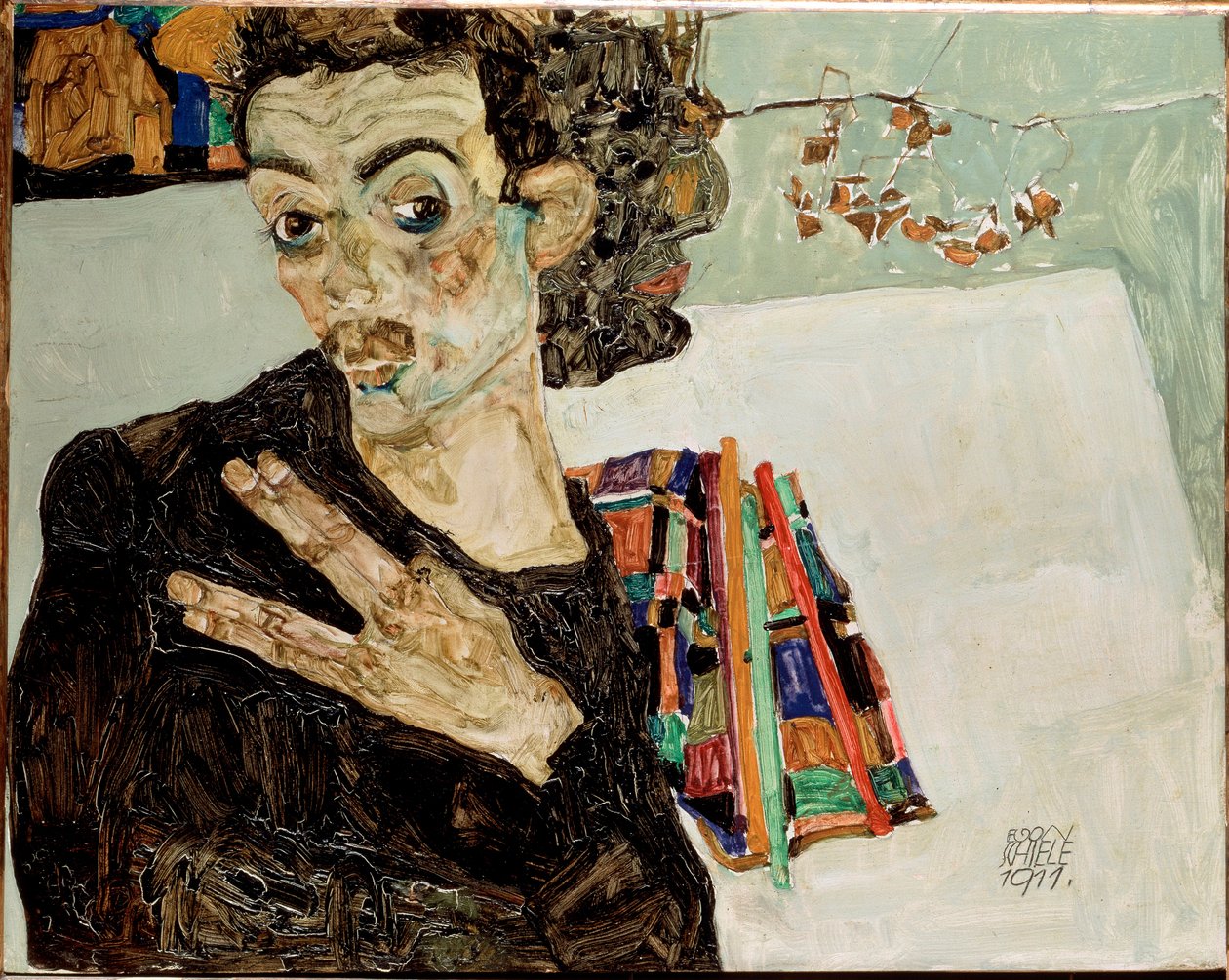 Parmaklar birbirinden ayrı olarak kendi portreniz. Egon Schiele tarafından yapılan boyama by Egon Schiele