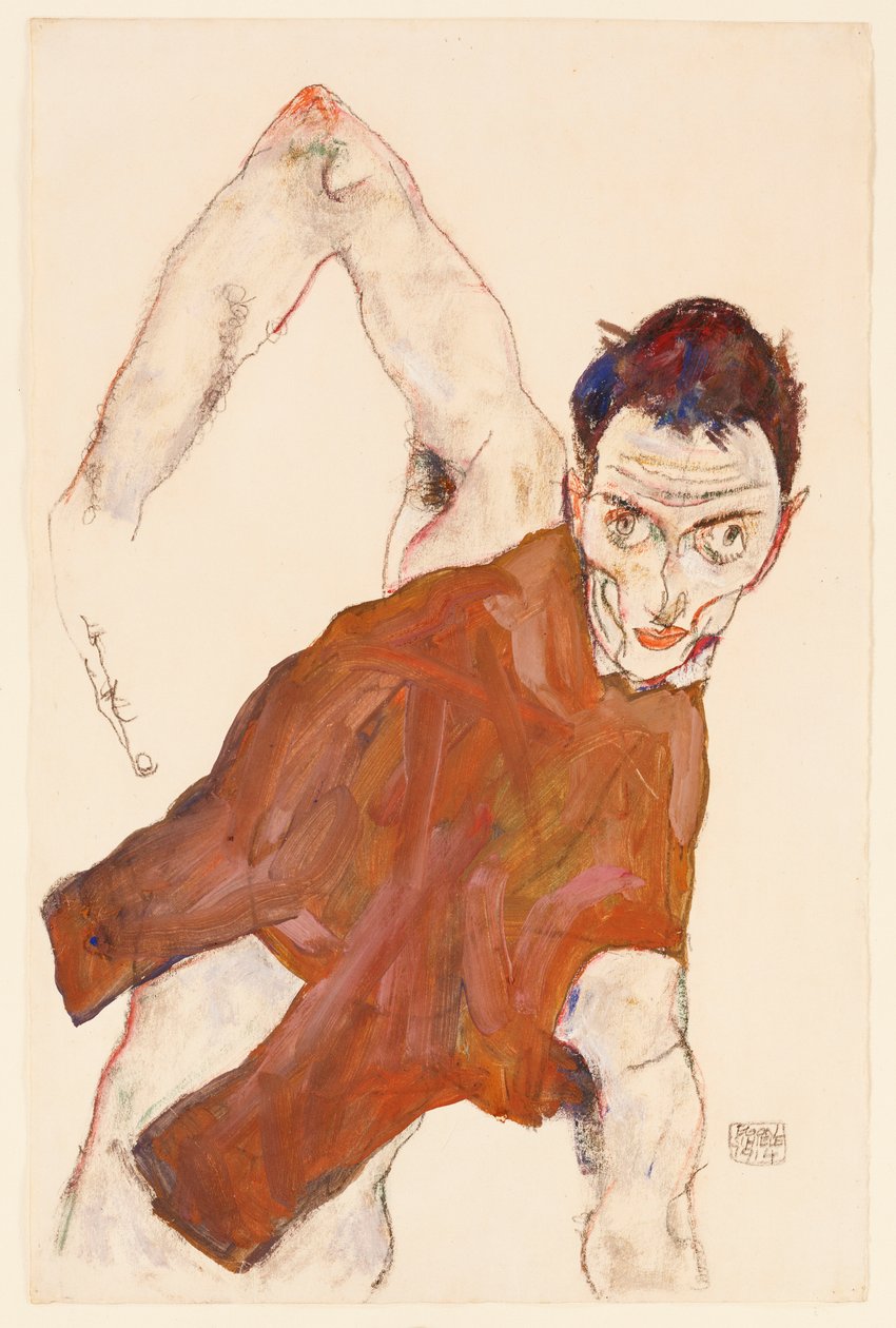 Sağ dirseği kaldırılmış bir yelek içinde otoportre, 1914 by Egon Schiele