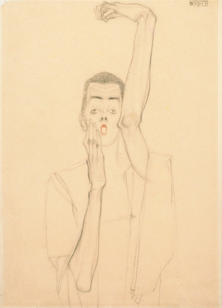 Yükseltilmiş bir kol ve kırmızı ağızlı otoportre by Egon Schiele