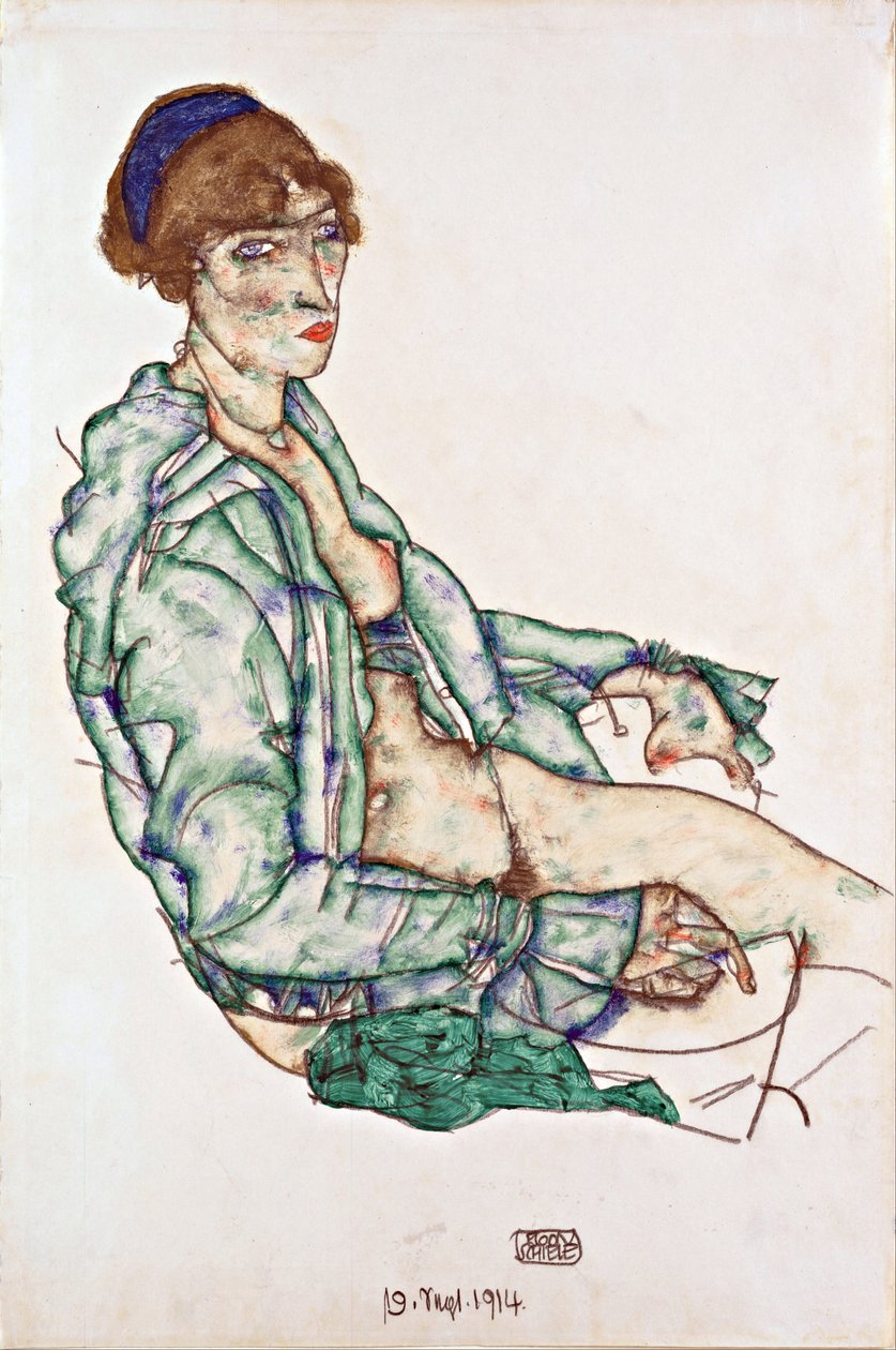 Mavi Saç Bantlı Yarı Çıplak Oturma - Schiele, Egon (1890-1918) - 1914 - Siyah tebeşir, Kağıt üzerine guaj - 47,4x31,3 - Leopold Müzesi, Viyana by Egon Schiele