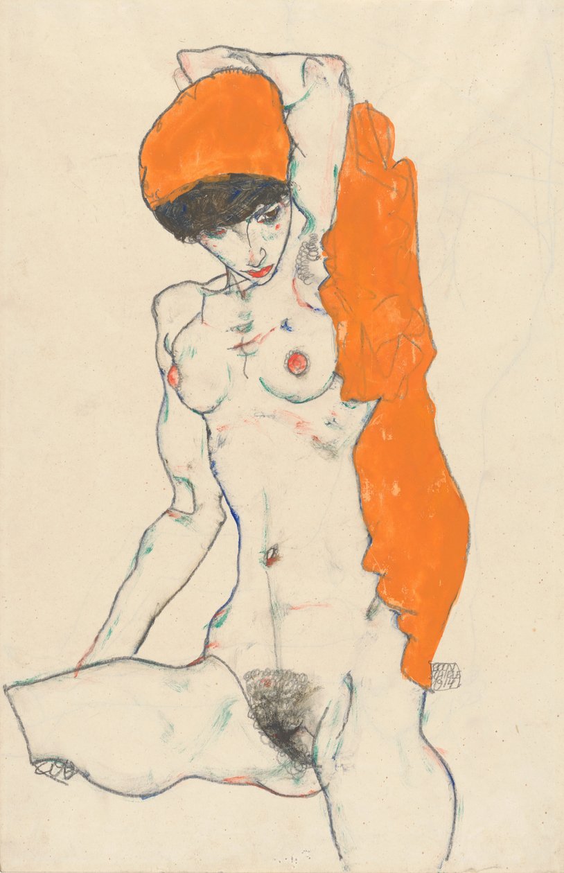 Turuncu Perdeli Ayakta Çıplak, 1914 (wc, guaj ve kağıt üzerine grafit) by Egon Schiele