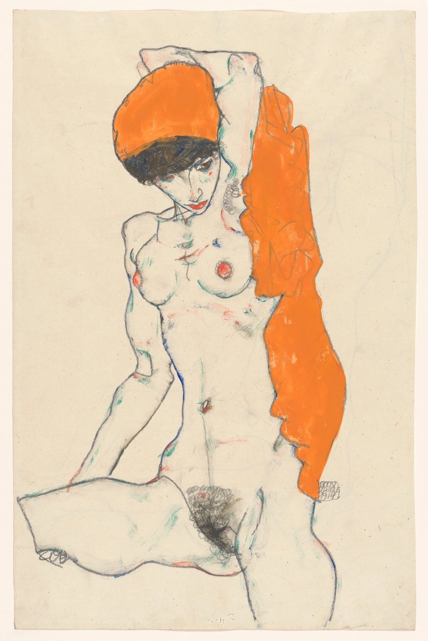 Turuncu Perdeli Çıplak Ayakta, 1914. by Egon Schiele
