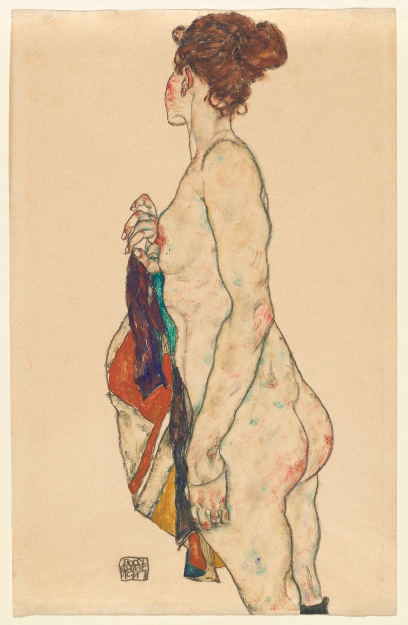 Desenli Bornozla Çıplak Durmak, 1917 by Egon Schiele
