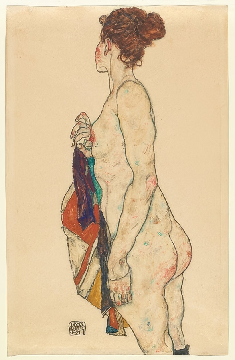 Desenli bornoz ile çıplak ayakta. 1917 by Egon Schiele