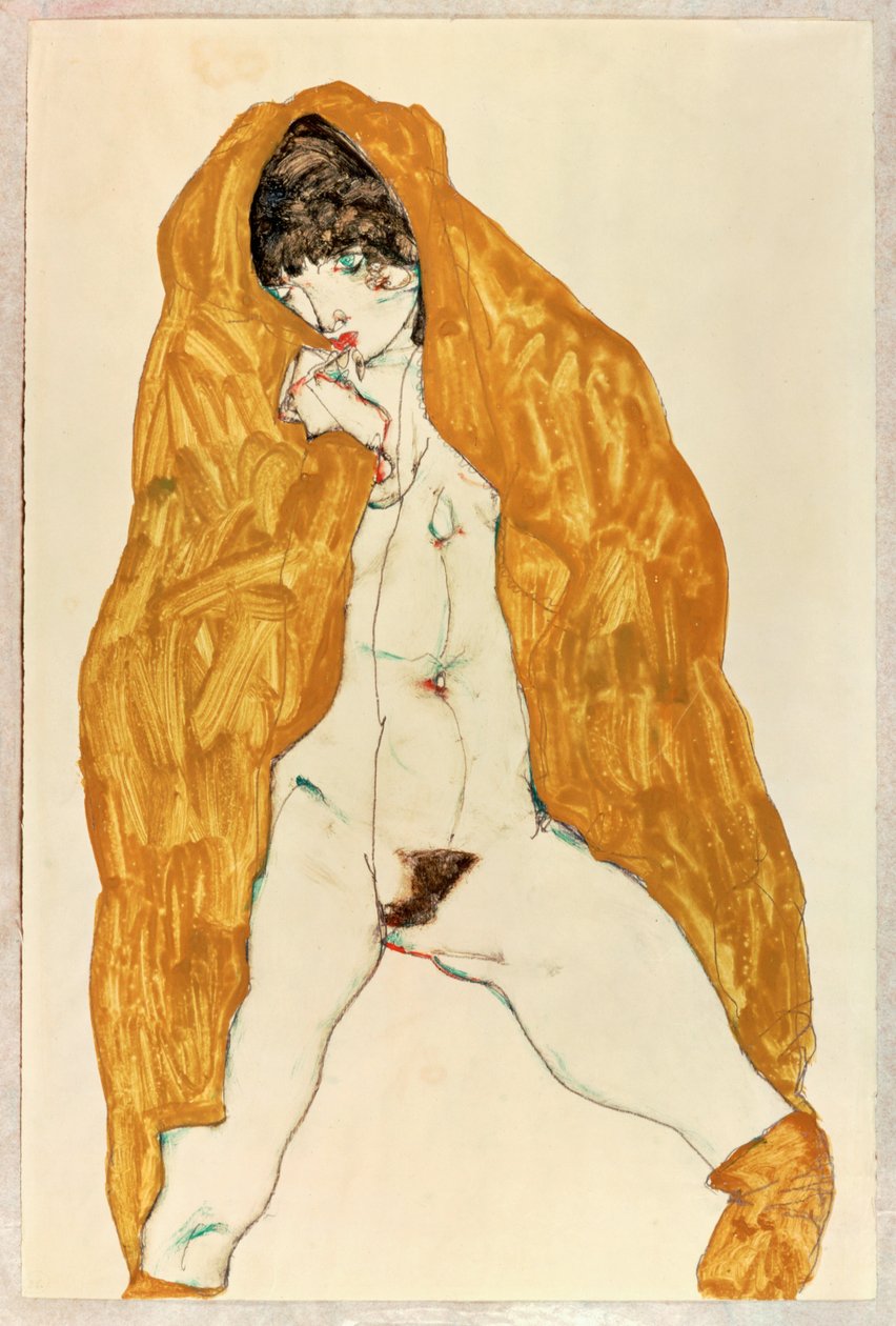 Açılmış bacakları ve sarı-kahverengi şalıyla çıplak ayakta dururken by Egon Schiele