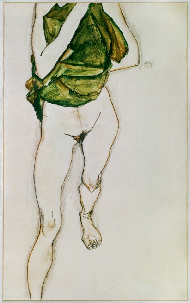Yeşil tişört içinde yürüyen gövde (guaj, suluboya ve kurşun kalem) by Egon Schiele