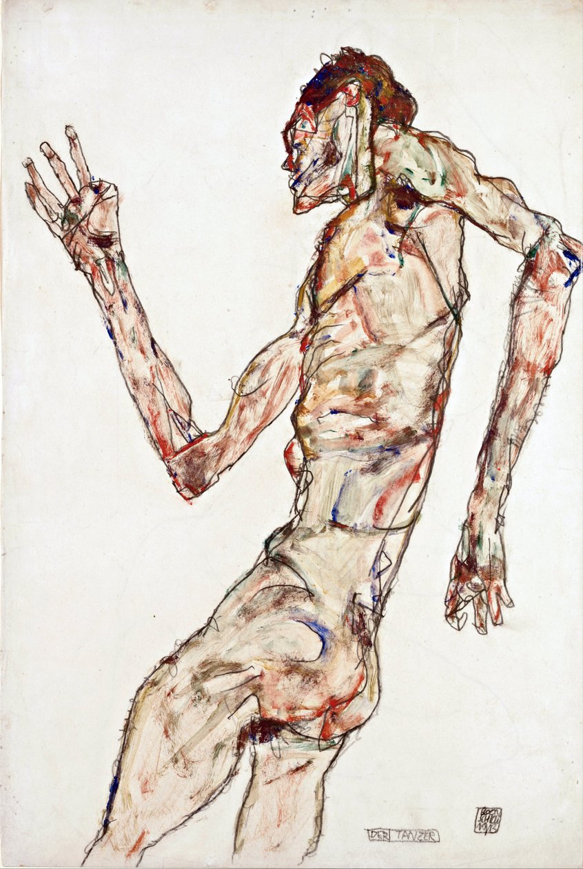 Dansçı - Schiele, Egon (1890-1918) - 1913 - Siyah tebeşir, Kağıt üzerine guaj - 48,3x32,3 - Leopold Müzesi, Viyana by Egon Schiele