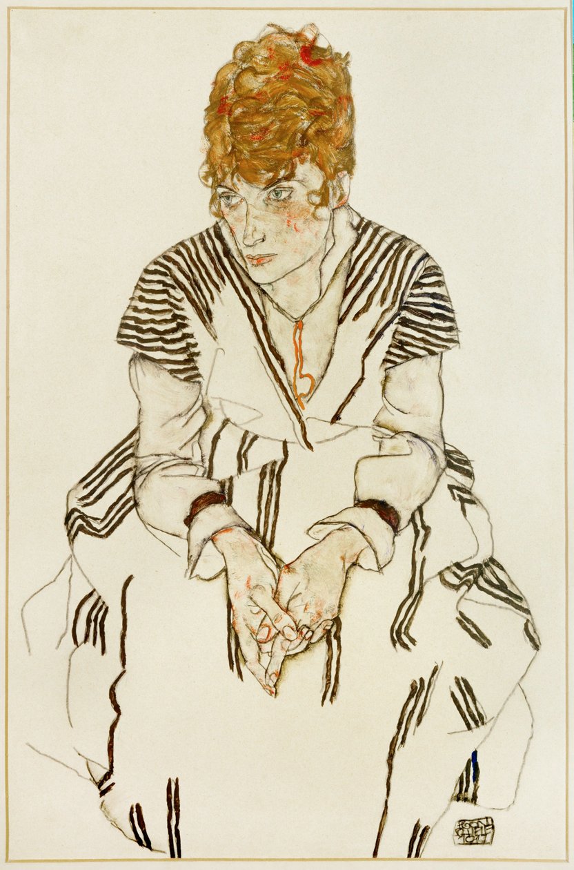 Sanatçının çizgili elbiseli baldızı, oturur vaziyette by Egon Schiele
