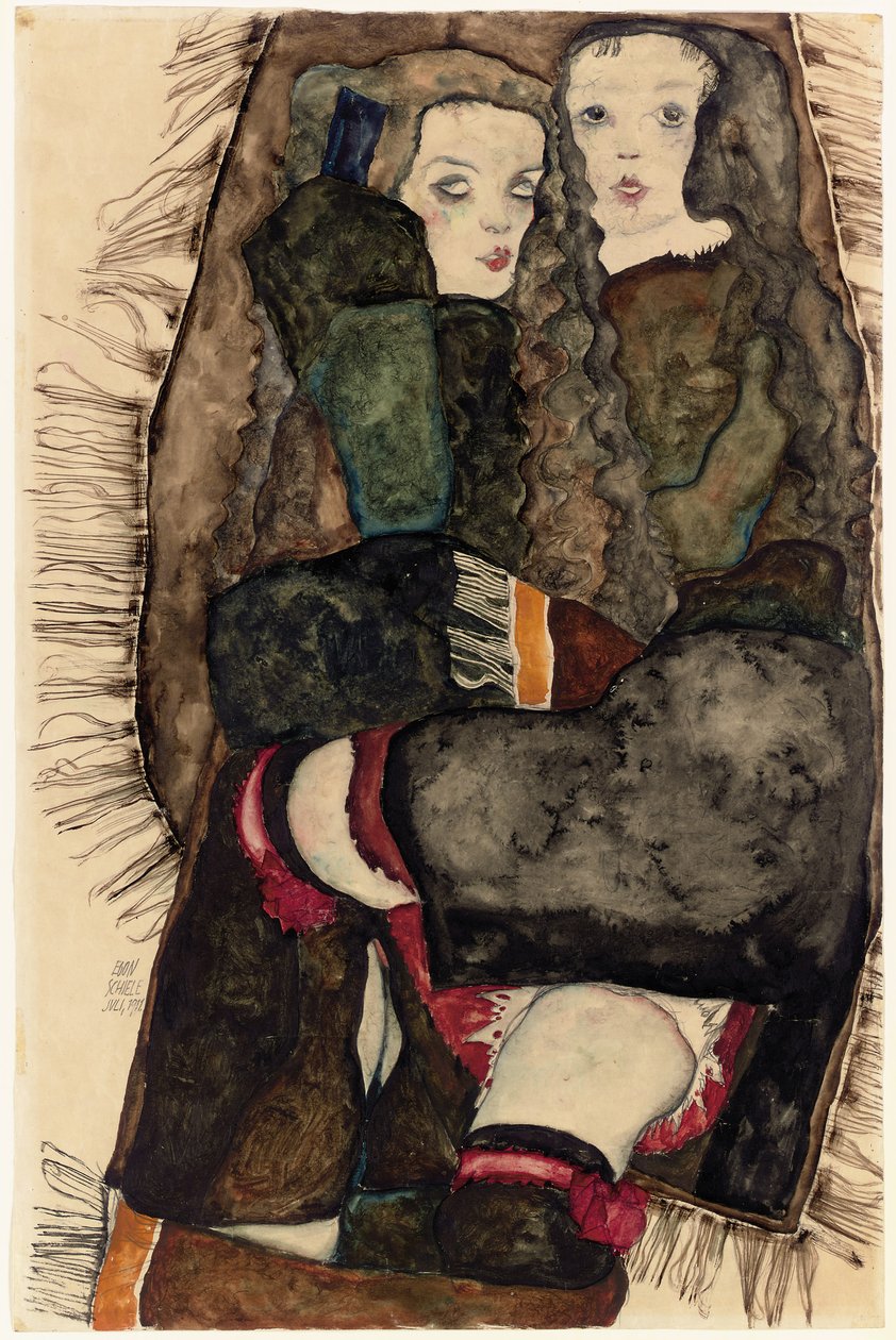 Saçaklı Bir Battaniye Üzerinde İki Kız; Saçaklı bir battaniyenin üzerinde iki kız, 1911 by Egon Schiele