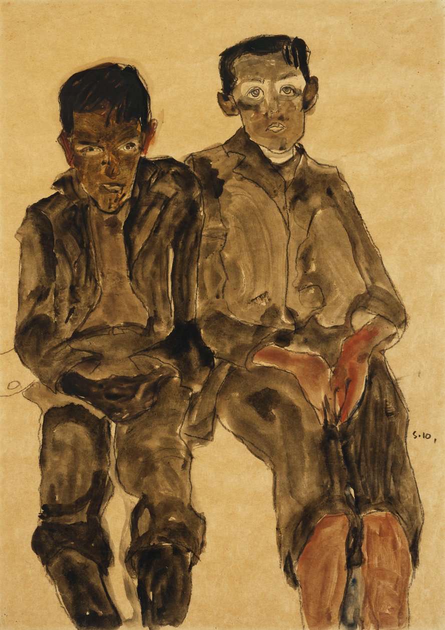 Oturan iki erkek; İki Oturan Oğlan, 1910 by Egon Schiele