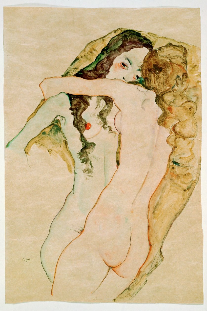 Kucaklaşan İki Kadın (suluboya ve kurşun kalem) by Egon Schiele