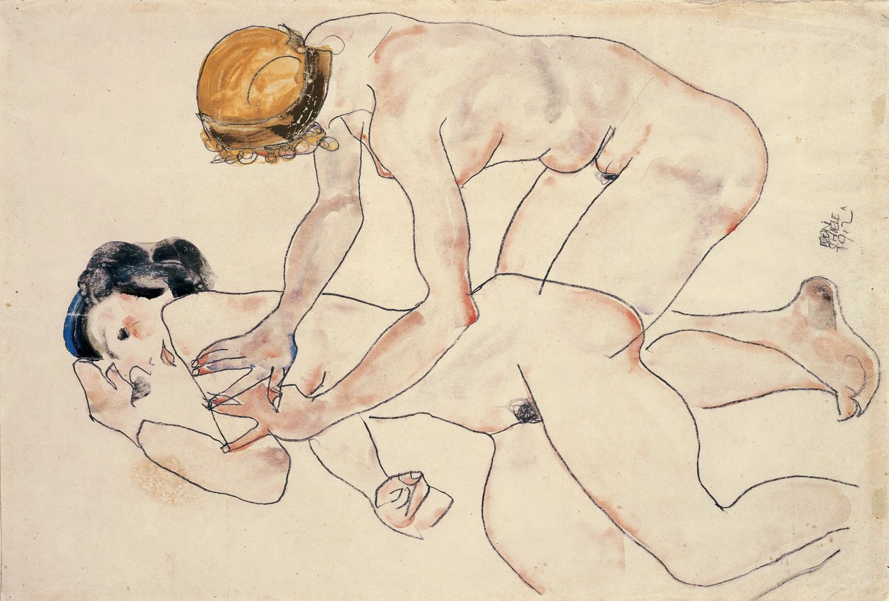 İki kadın çıplak, uzanmış ve diz çökmüş by Egon Schiele