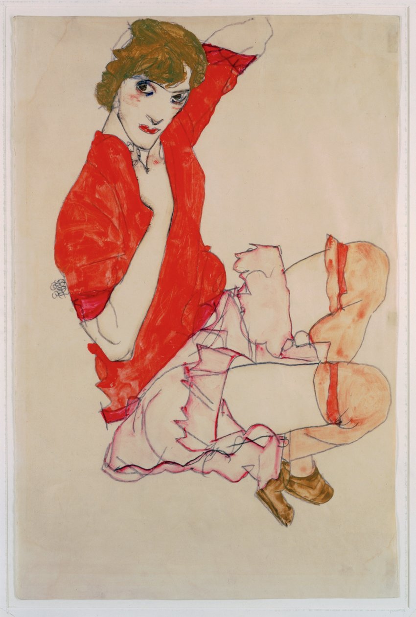Wally in roter Bluse mit erhobenen Knien (guaj, suluboya ve kurşun kalem) by Egon Schiele