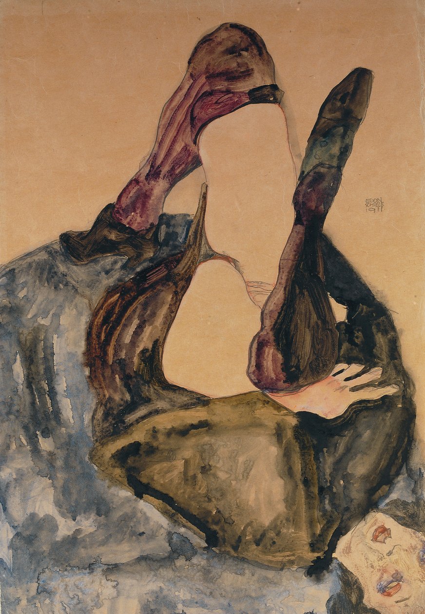 Yükseltilmiş Bacaklı Mor Çoraplı Kadın; Yükseltilmiş Bacaklı Mor Çoraplı Kadın, 1911 by Egon Schiele