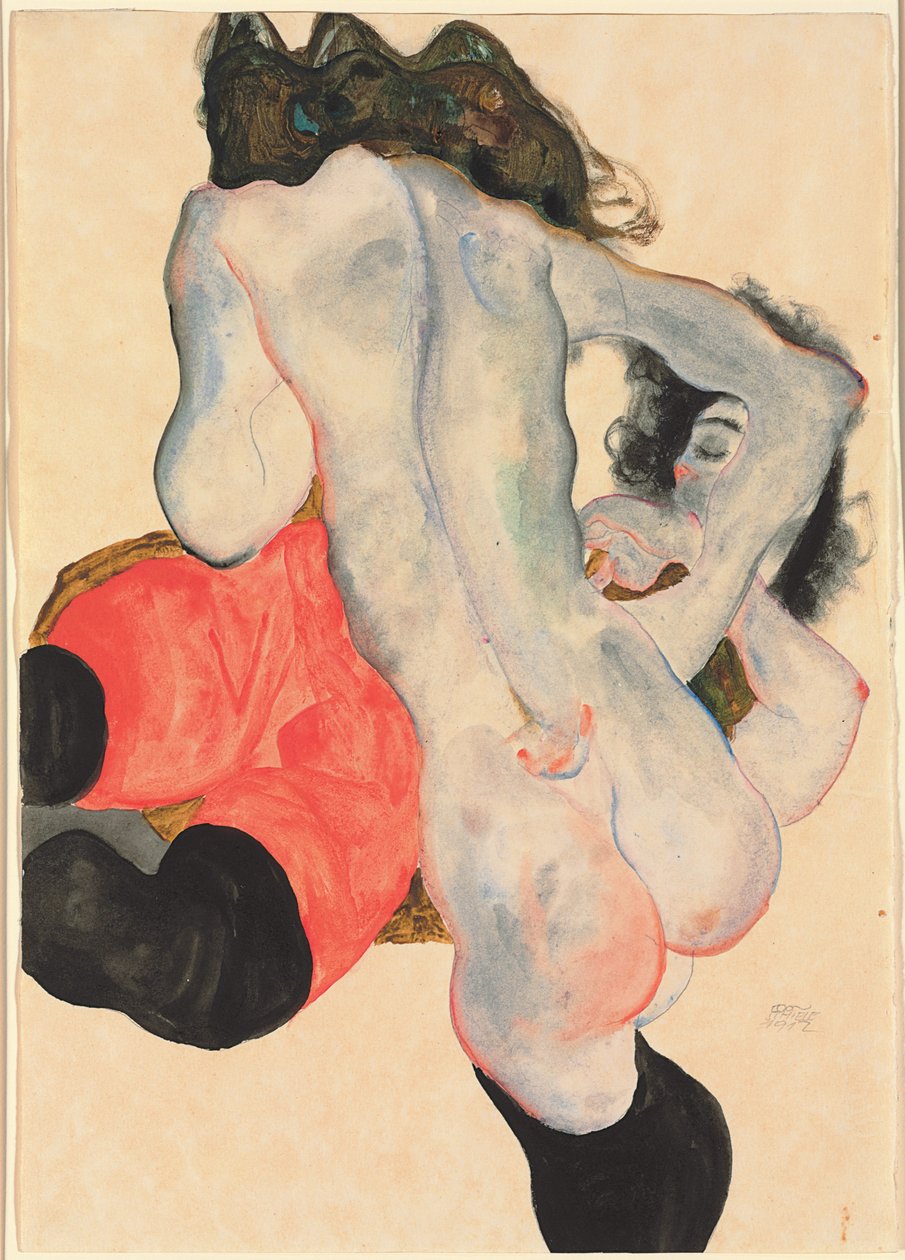 Kırmızı Pantolonlu ve Ayakta Çıplak Kadın; Kırmızı pantolonlu uzanmış ve çıplak duran kadın, 1912 by Egon Schiele