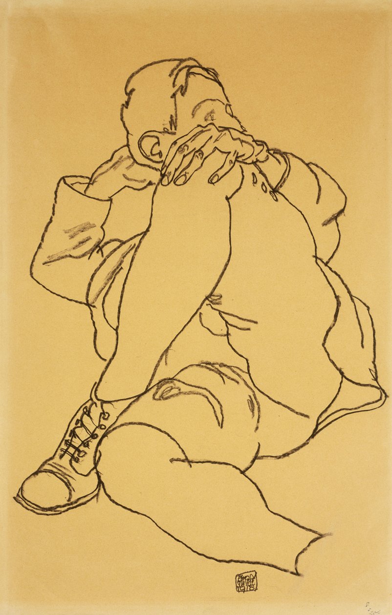 Başını çapraz bacağına yaslayarak uzanmış genç adam; Başı dik ve sol bacağını çaprazlamış yatan çocuk, 1918 by Egon Schiele