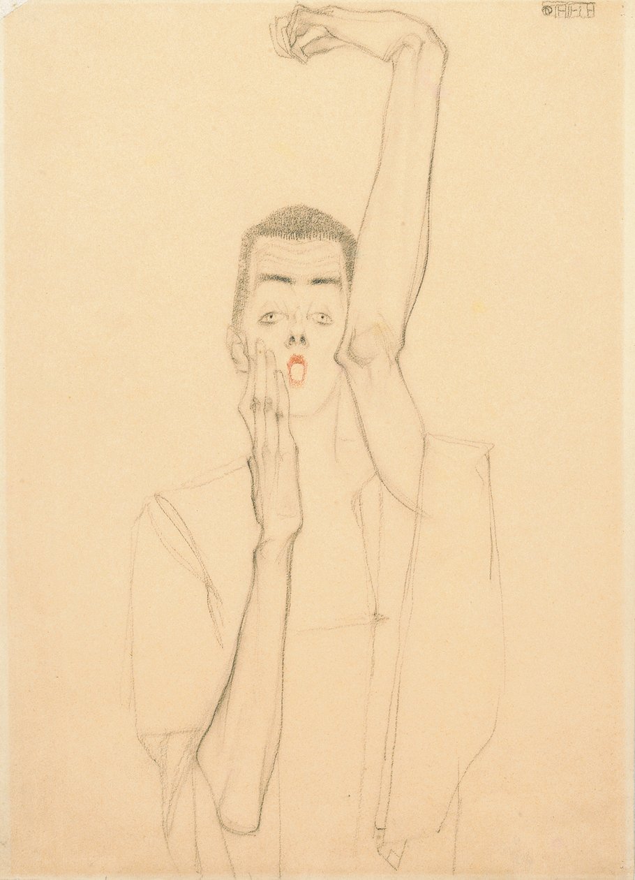 Kalkmış Kol ve Kırmızı Ağızlı Genç Adam; Kalkık Sol Kolu ve Kırmızı Ağızlı Otoportre, 1909 by Egon Schiele